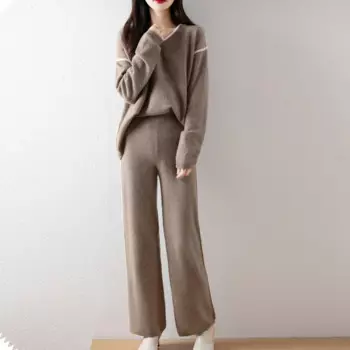 Женский трикотажный костюм из 2024 австралийской шерсти, Повседневный свитер с цветными застежками и V-образным вырезом, длинные широкие брюки, женский шерстяной костюм, новинка 100%