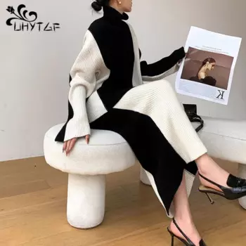 Женский трикотажный костюм из двух предметов, черно-белый контрастный свитер с высоким воротником, Осень-зима 2024