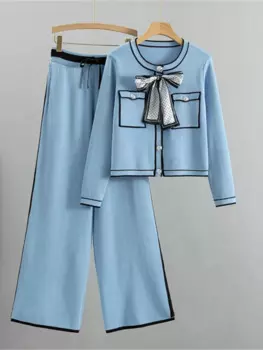 Женский трикотажный костюм из двух предметов, корейский короткий кардиган с круглым вырезом и бантом и мешковатые широкие брюки с высокой талией