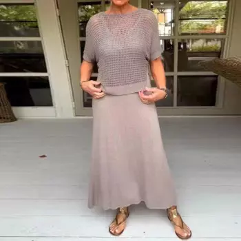 Женский трикотажный костюм на бретелях, повседневный однотонный комплект из двух предметов, топ с вырезами и платье с круглым вырезом, свободный пляжный костюм с коротким рукавом, лето