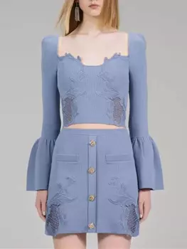 Женский трикотажный костюм с расклешенными рукавами, кружевной ажурный свитер или мини-юбка, приталенный трикотажный пуловер с квадратным воротником, 2023