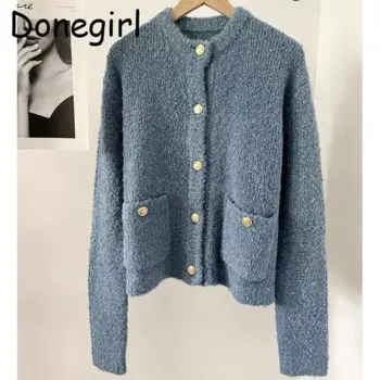 Женский трикотажный однобортный Кардиган Donegirl, простой элегантный синий кардиган на осень-зиму, 2023