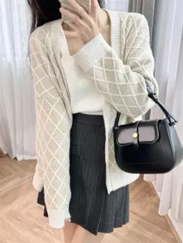 Женский трикотажный однобортный Кардиган с длинным рукавом и V-образным вырезом