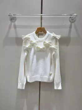 Женский трикотажный пуловер с бантом, длинным рукавом и круглым вырезом