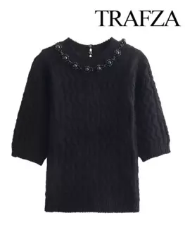 Женский трикотажный пуловер с длинным рукавом и круглым вырезом