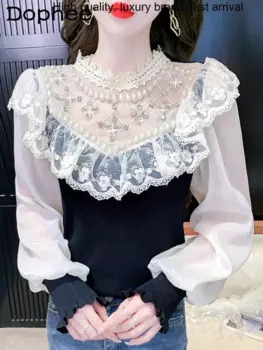 Женский трикотажный пуловер с длинным рукавом и жемчугом