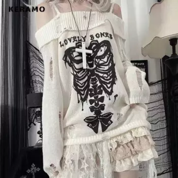 Женский трикотажный пуловер с длинным рукавом, с принтом