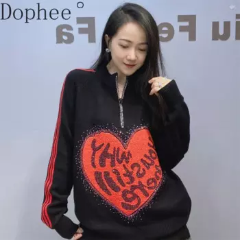 Женский трикотажный пуловер с длинным рукавом, с воротником-стойкой