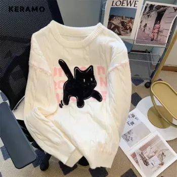 Женский трикотажный пуловер с длинным рукавом, с круглым вырезом