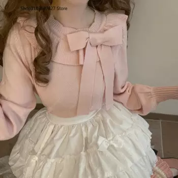 Женский трикотажный пуловер с длинными рукавами-фонариками и бантом