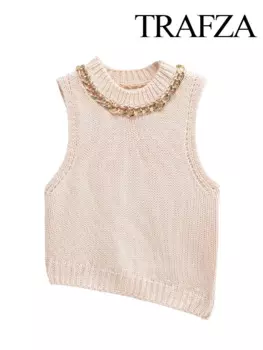 Женский трикотажный пуловер с круглым вырезом, без рукавов