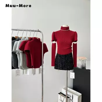 Женский трикотажный пуловер с круглым вырезом, длинным рукавом