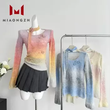 Женский трикотажный пуловер с круглым вырезом, длинным рукавом