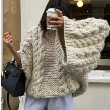 Женский трикотажный пуловер с круглым вырезом, длинным рукавом