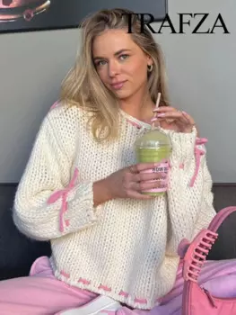 Женский трикотажный пуловер с круглым вырезом и длинным рукавом