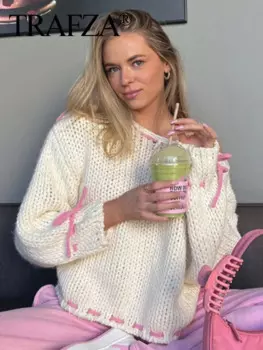 Женский трикотажный пуловер с круглым вырезом и длинным рукавом