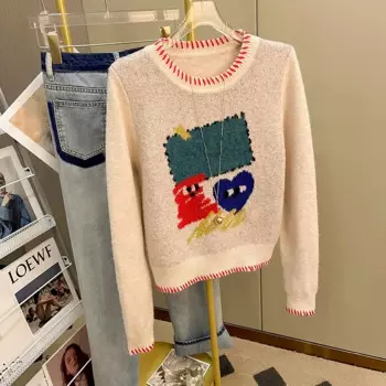 Женский трикотажный пуловер с круглым вырезом и длинным рукавом