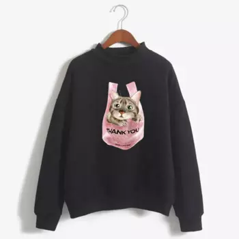 Женский трикотажный пуловер с круглым вырезом и принтом кошек