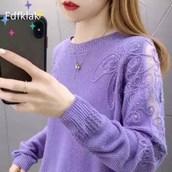 Женский трикотажный пуловер с круглым вырезом и кружевными рукавами