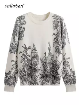 Женский трикотажный пуловер с круглым вырезом и принтом