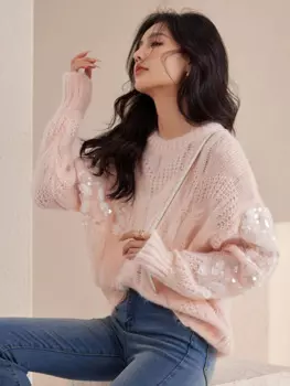 Женский трикотажный пуловер с круглым вырезом и длинным рукавом