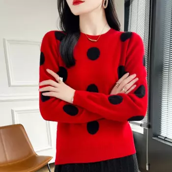 Женский трикотажный пуловер с круглым вырезом, из 100% шерсти