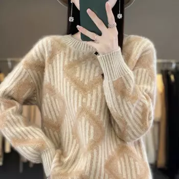 Женский трикотажный пуловер с круглым вырезом, из шерсти мериноса