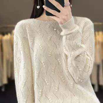 Женский трикотажный пуловер с круглым вырезом, осень-весна