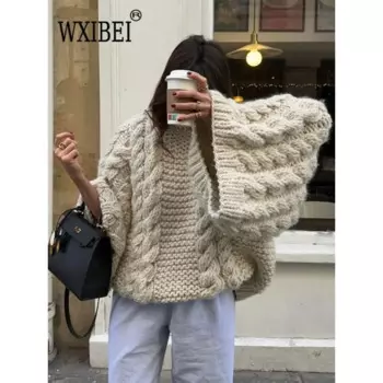 Женский трикотажный пуловер с круглым вырезом, свободного покроя