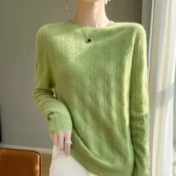 Женский трикотажный пуловер с круглым вырезом, в тонком стиле