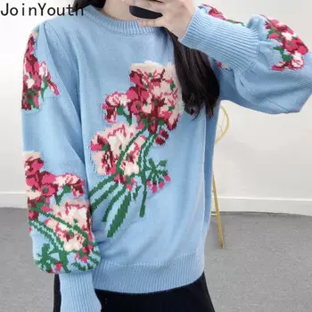 Женский трикотажный пуловер с рукавами-фонариками и круглым вырезом