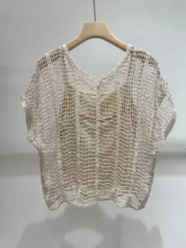 Женский трикотажный пуловер с V-образным вырезом и коротким рукавом