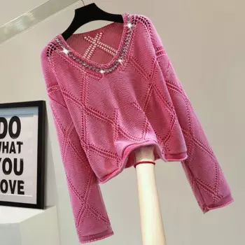 Женский трикотажный пуловер с V-образным вырезом и длинными рукавами