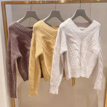 Женский трикотажный пуловер с V-образным вырезом, с длинным рукавом