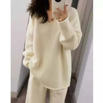 Женский трикотажный пуловер с V-образным вырезом, из чистой шерсти