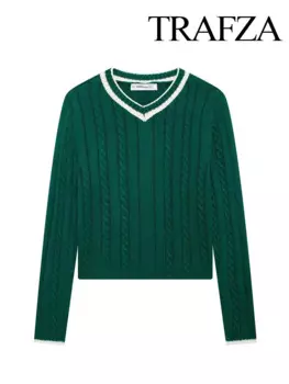 Женский трикотажный пуловер с V-образным вырезом, на осень/зиму