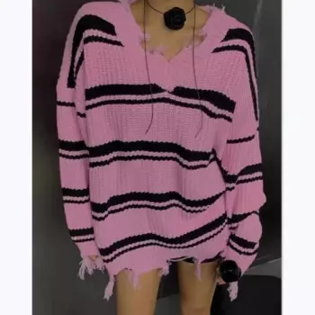 Женский трикотажный пуловер с V-образным вырезом, в полоску