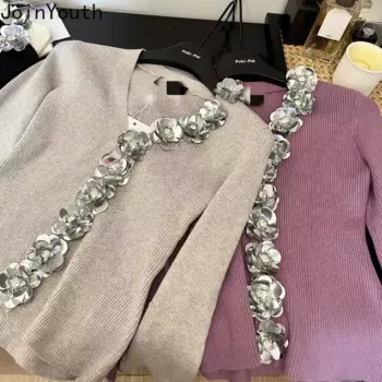 Женский трикотажный пуловер с V-образным вырезом и длинным рукавом