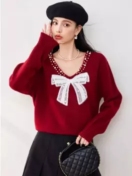 Женский трикотажный пуловер с V-образным вырезом, с бантом