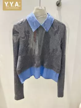 Женский трикотажный пуловер с воротником-стойкой, с длинным рукавом