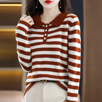 Женский трикотажный пуловер в полоску, с длинным рукавом