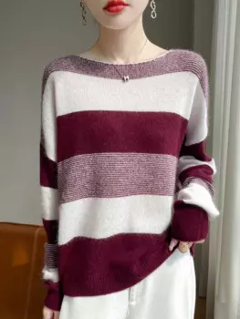 Женский трикотажный пуловер в полоску, с круглым вырезом