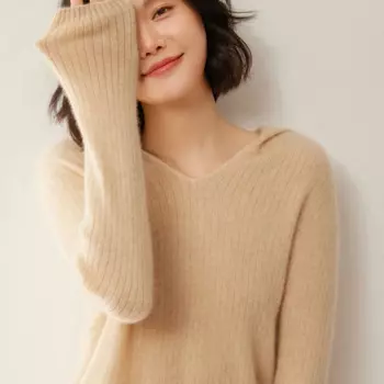 Женский трикотажный свитер из 100% мериносовой шерсти, осенне-зимний джемпер с V-образным вырезом и капюшоном