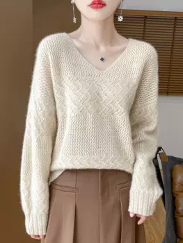 Женский трикотажный свитер из 90% мериносовой шерсти, кашемировый пуловер с V-образным вырезом и длинным рукавом