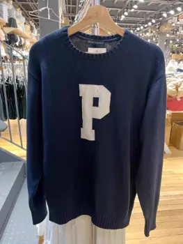 Женский трикотажный свитер с длинным рукавом, синий Повседневный винтажный простой джемпер с круглым вырезом, осень 2023