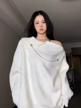 Женский трикотажный свитер средней длины, белый пуловер с открытыми плечами и длинным рукавом, Свободный Топ на молнии, Y2k, Осень-зима 2024