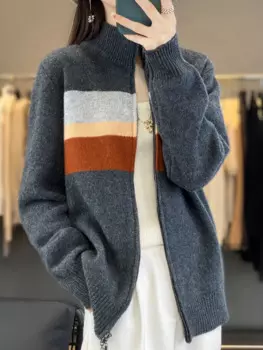 Женский трикотажный свитер в полоску, с ложным воротником