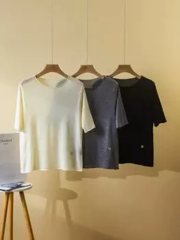 Женский трикотажный топ, Новинка лета-весны 2024, свободная повседневная однотонная тонкая футболка с круглым вырезом и коротким рукавом