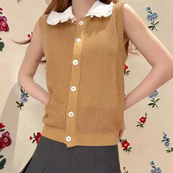 Женский трикотажный топ со съемным кружевным воротником в виде куклы y2k, элегантная однобортная женская одежда без рукавов, Новинка лета 2024