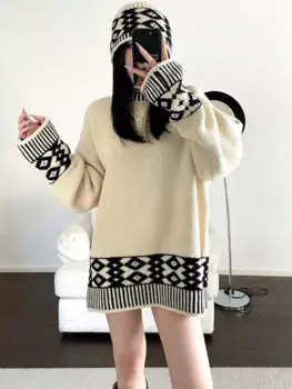 Женский трикотажный жаккардовый пуловер с длинным рукавом и круглым вырезом